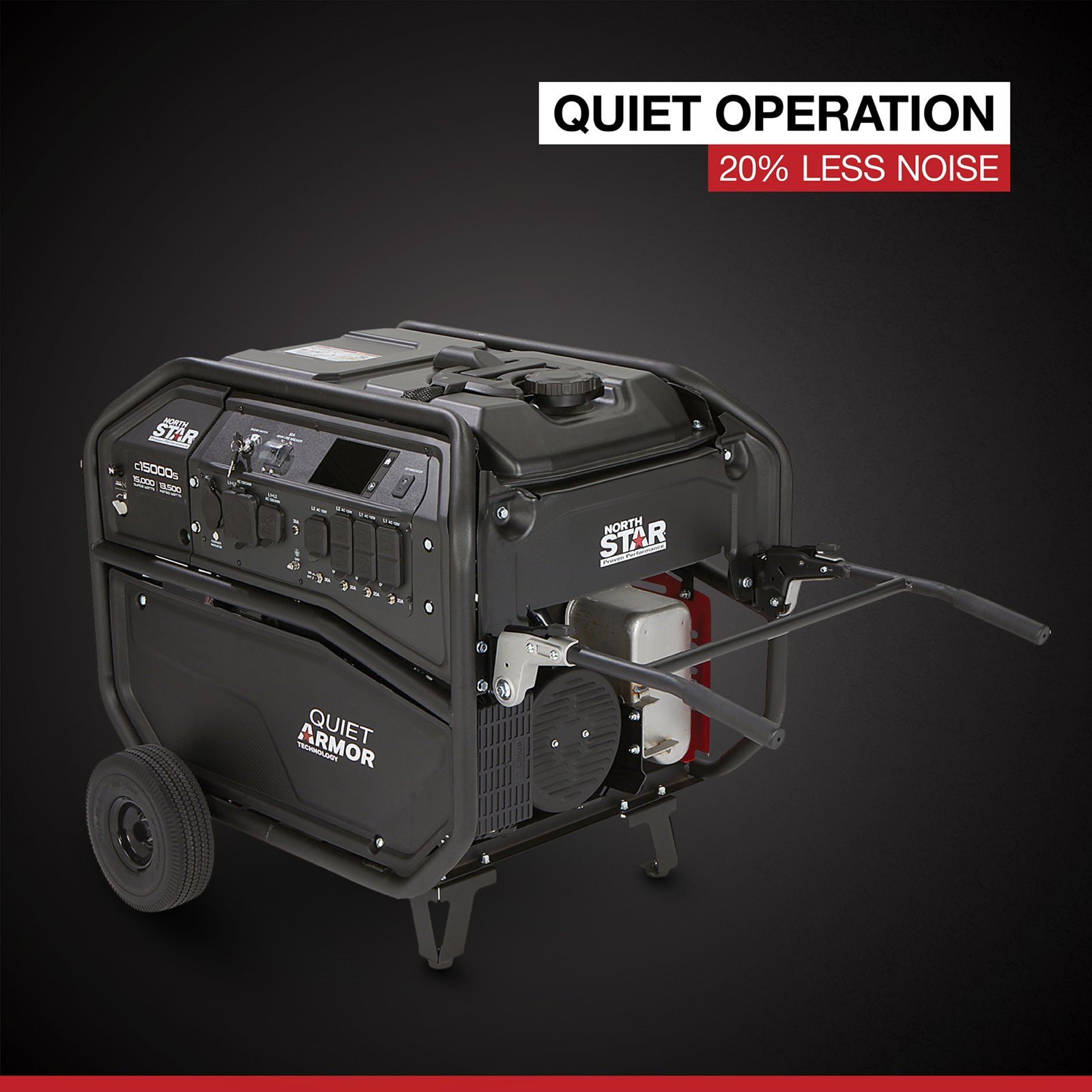 northstar quiet armor commercial grade portable generator with electric start, 15,000 surge watts, 13,500 rated watts