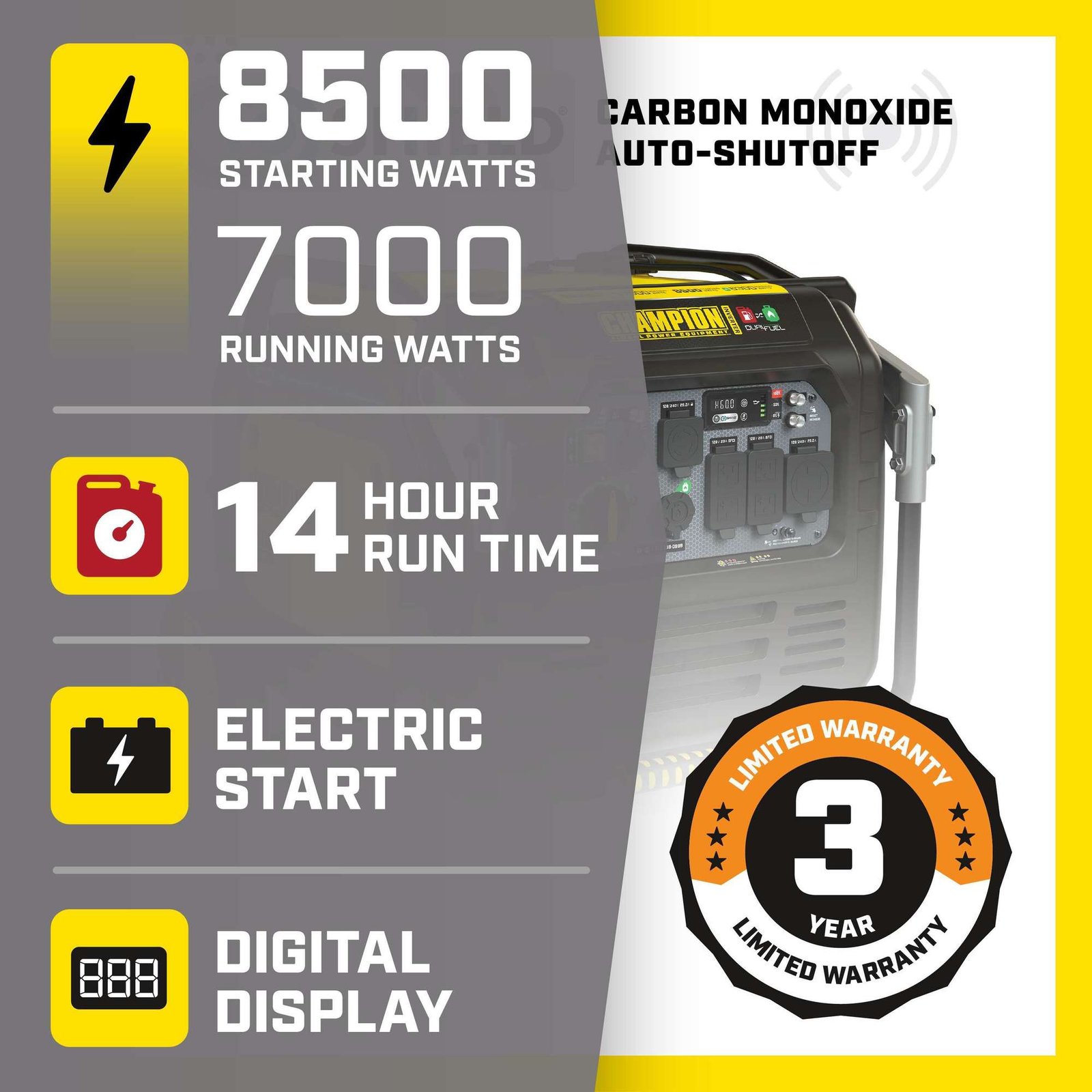 champion power equipment, 8500/7000w dual fuel inverter generator ele start, surge watts 8500 rated watts 700 voltage 120/240 model# 201175