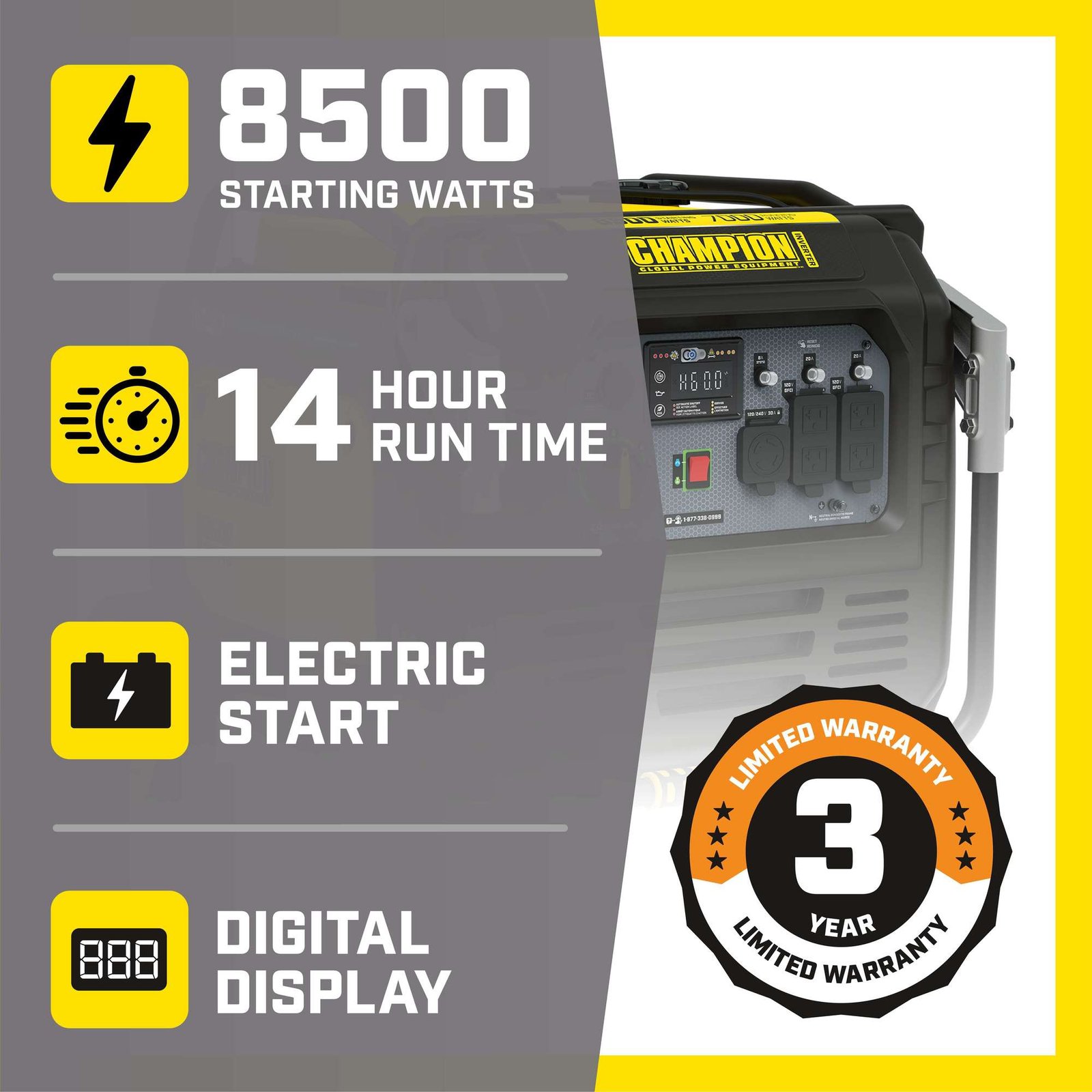 champion power equipment, 8500/7000w inverter generator ele start co shield, surge watts 8500 rated watts 7000 voltage 120/240 model# 100719