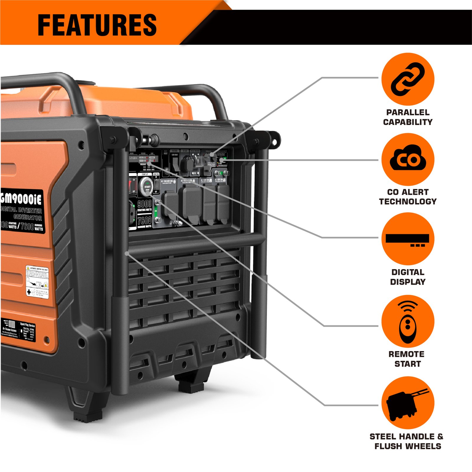 genmax, portable inverter generator, 9000w, surge watts 9000 rated watts 7600 voltage 120/240 model# gm9000ie