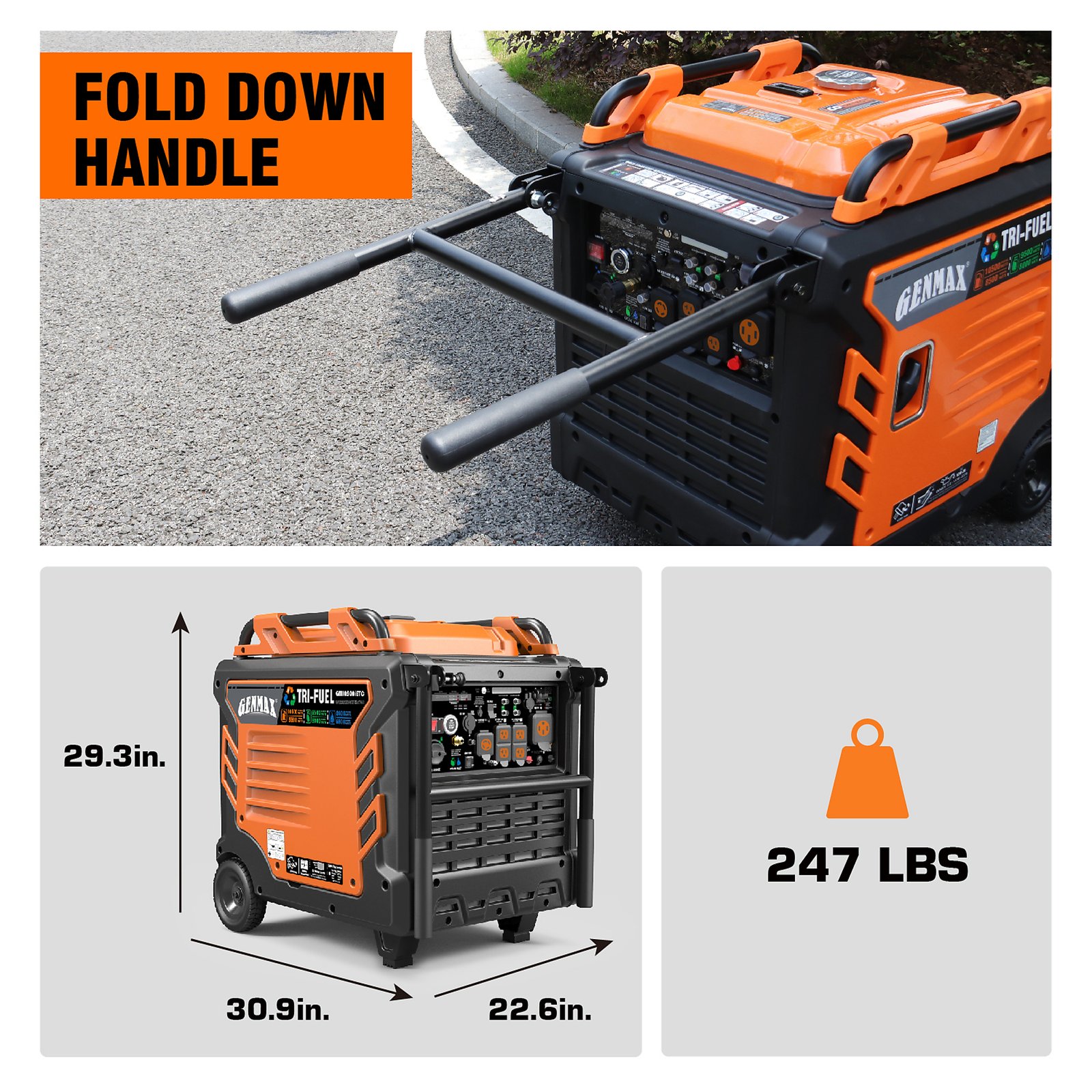 genmax, portable inverter generator, 10500w tri fuel, surge watts 10500 voltage 120/240 model# gm10500ietc