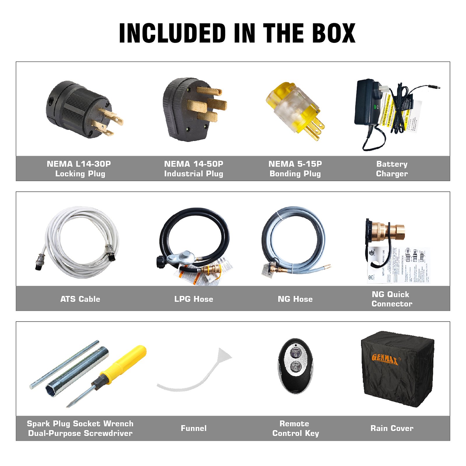 genmax, portable inverter generator, 10500w tri fuel, surge watts 10500 voltage 120/240 model# gm10500ietc