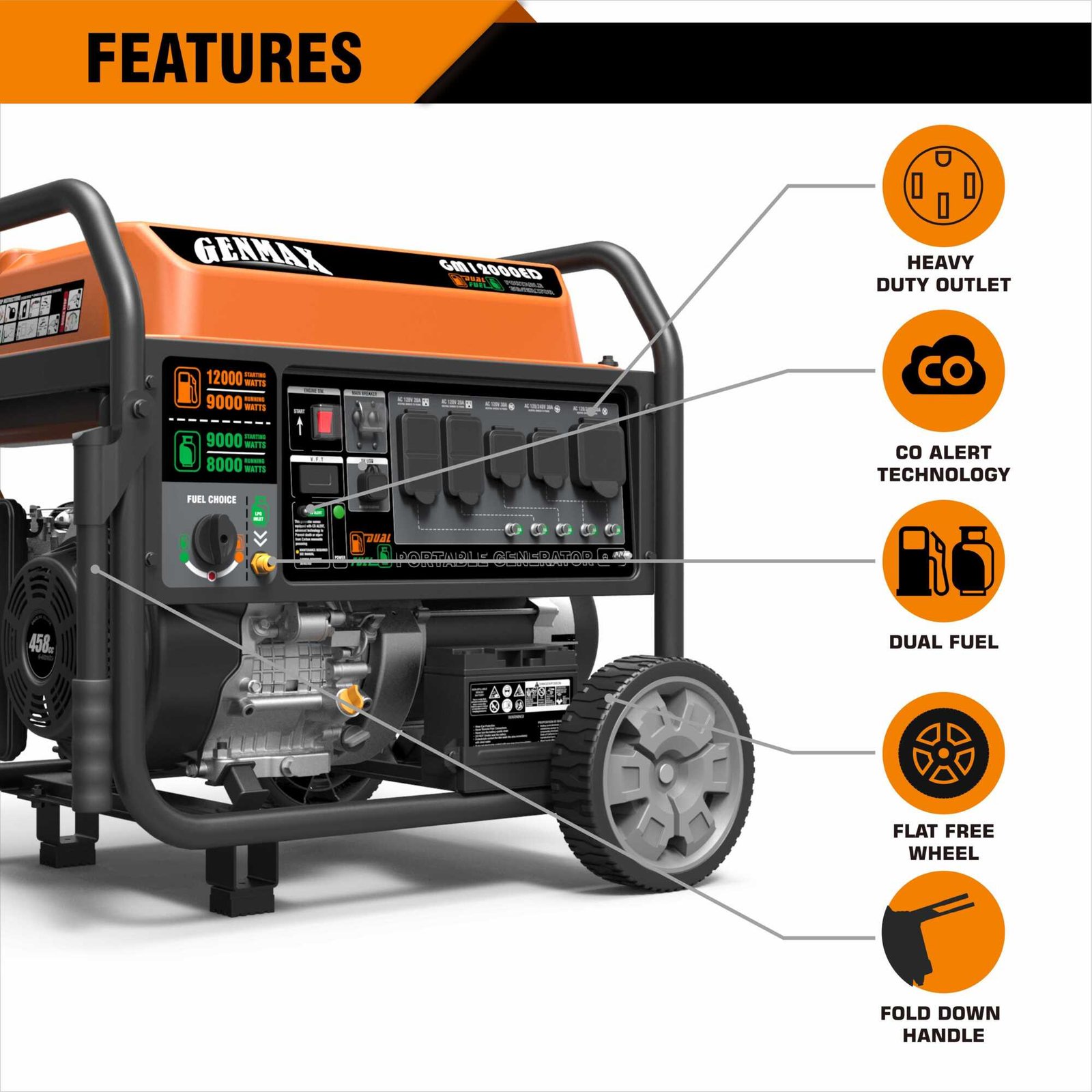 genmax, dual fuel generator, 10000w, voltage 120 model# gm12000ed