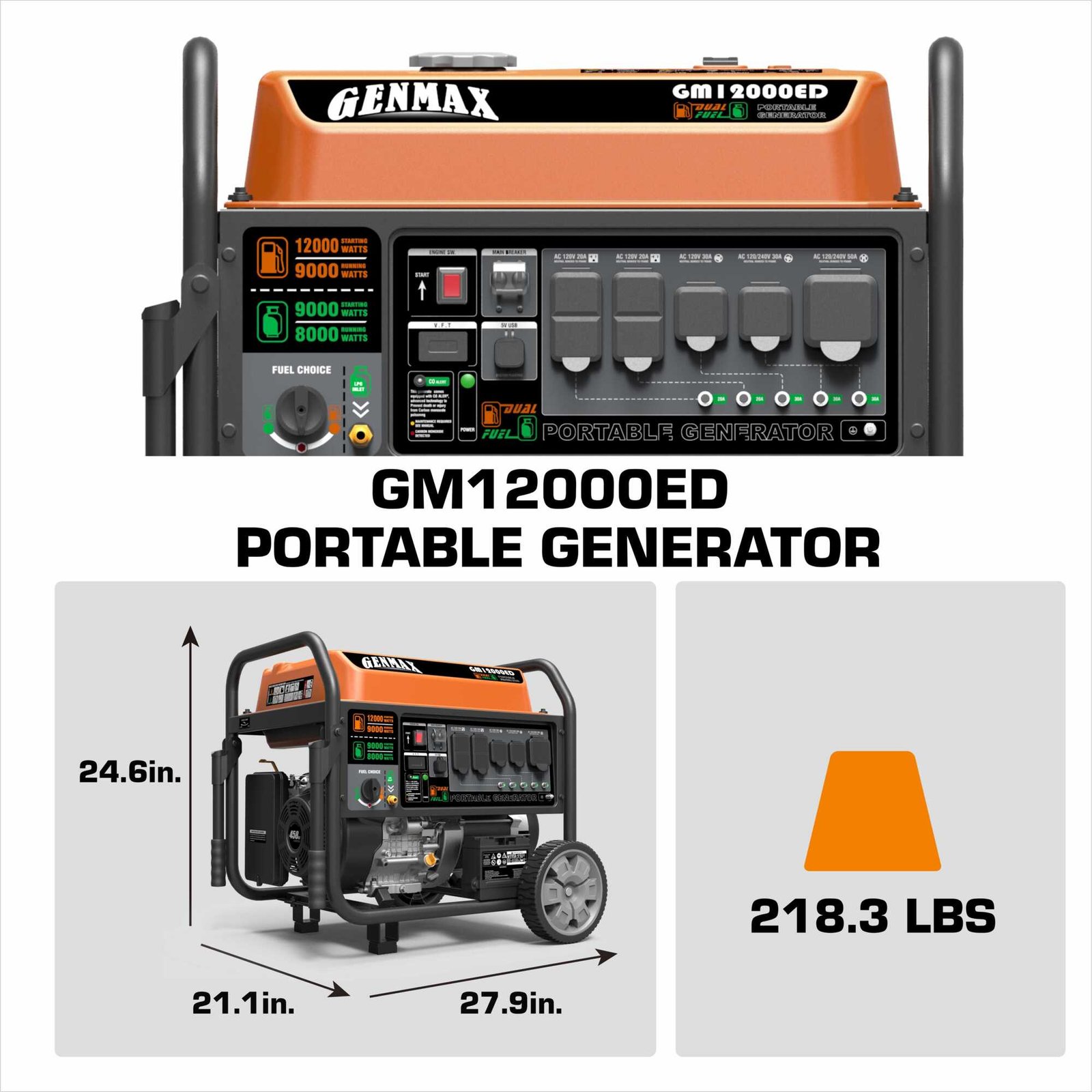 genmax, dual fuel generator, 10000w, voltage 120 model# gm12000ed