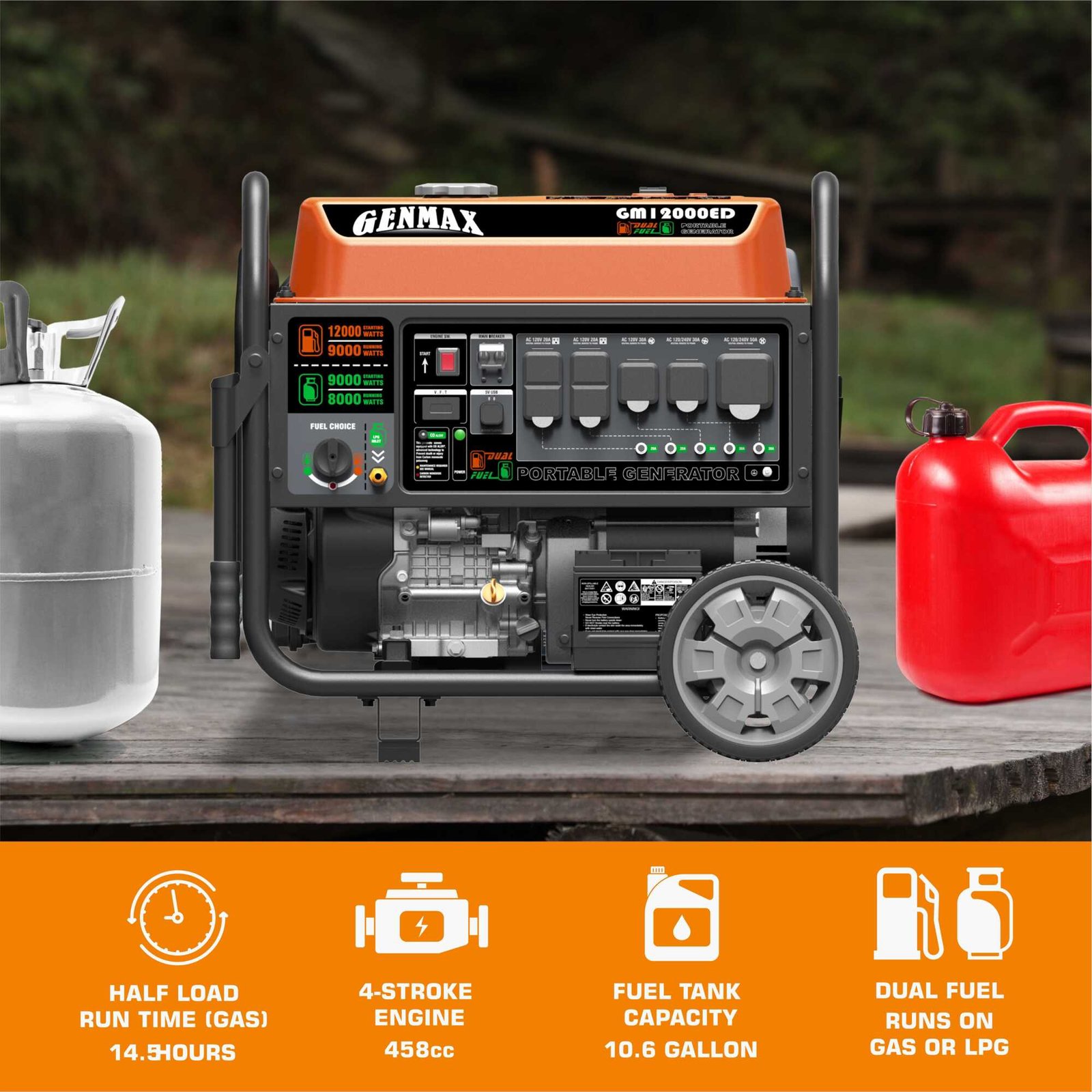 genmax, dual fuel generator, 10000w, voltage 120 model# gm12000ed