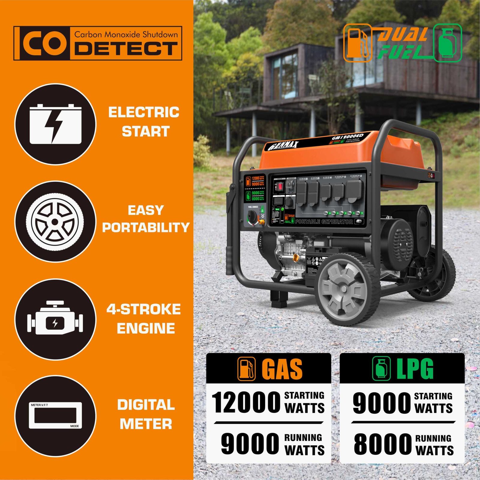 genmax, dual fuel generator, 10000w, voltage 120 model# gm12000ed