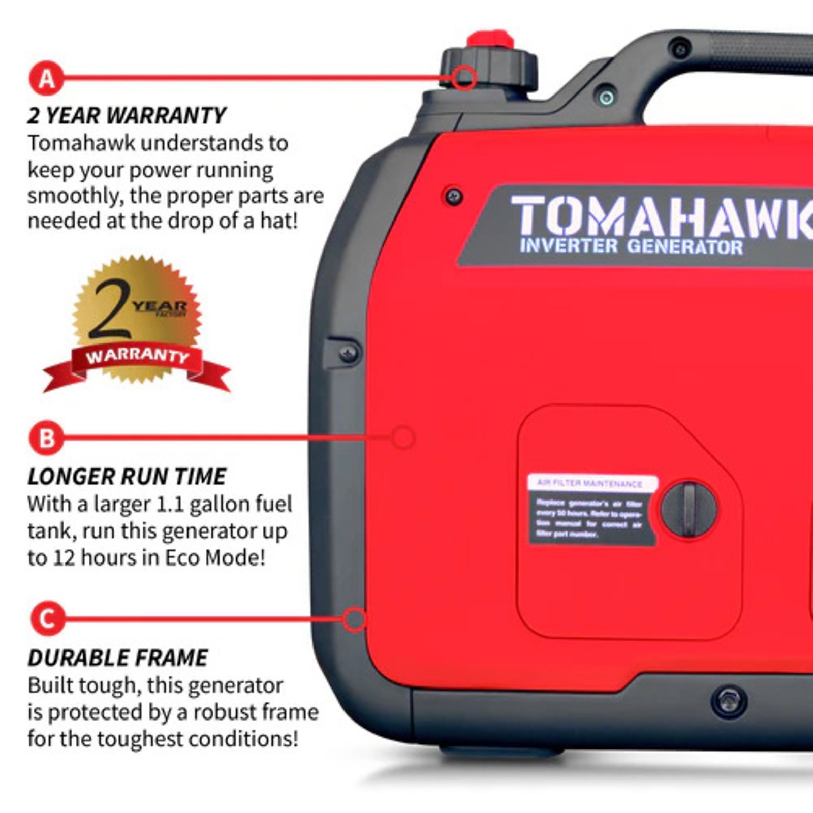 tomahawk portable inverter generator 2200 surge watts, 2100 rated watts, 120 volts, 48 lbs., model# tg2000i