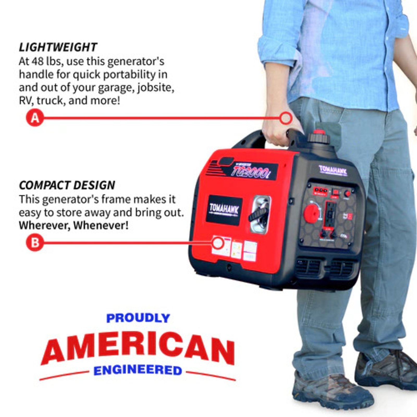 tomahawk portable inverter generator 2200 surge watts, 2100 rated watts, 120 volts, 48 lbs., model# tg2000i