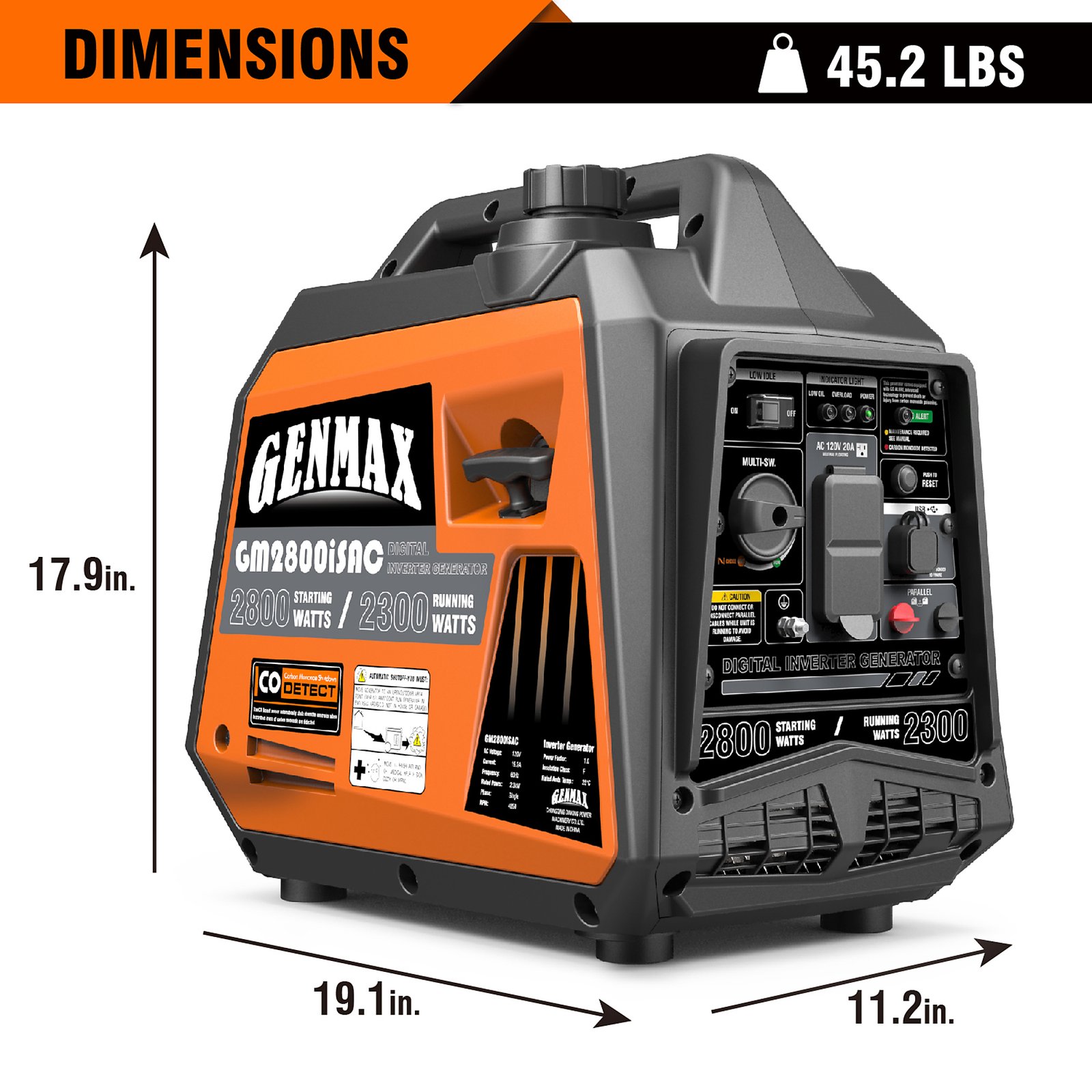 genmax, port invert gen, gas, 2800w, co sensor, surge watts 2800 voltage 120 model# gm2800isac