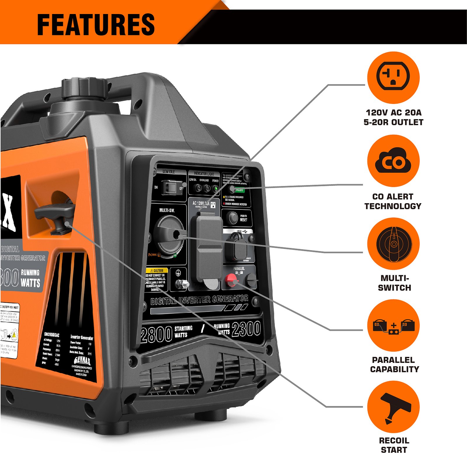 genmax, port invert gen, gas, 2800w, co sensor, surge watts 2800 voltage 120 model# gm2800isac