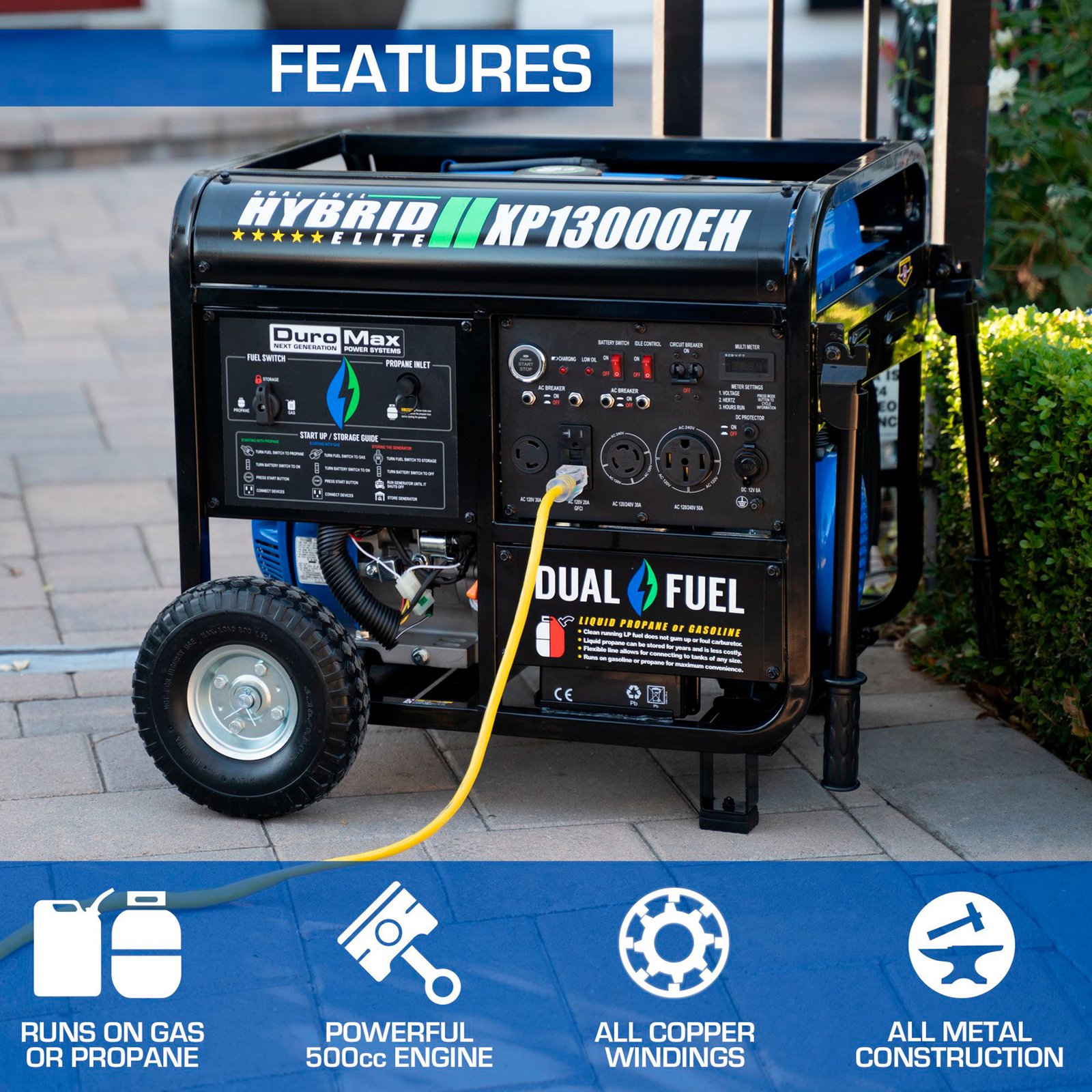 duromax portable dual fuel generator, 13,000 surge watts, 10,500 rated watts, electric start, carb compliant, model# xp13000eh