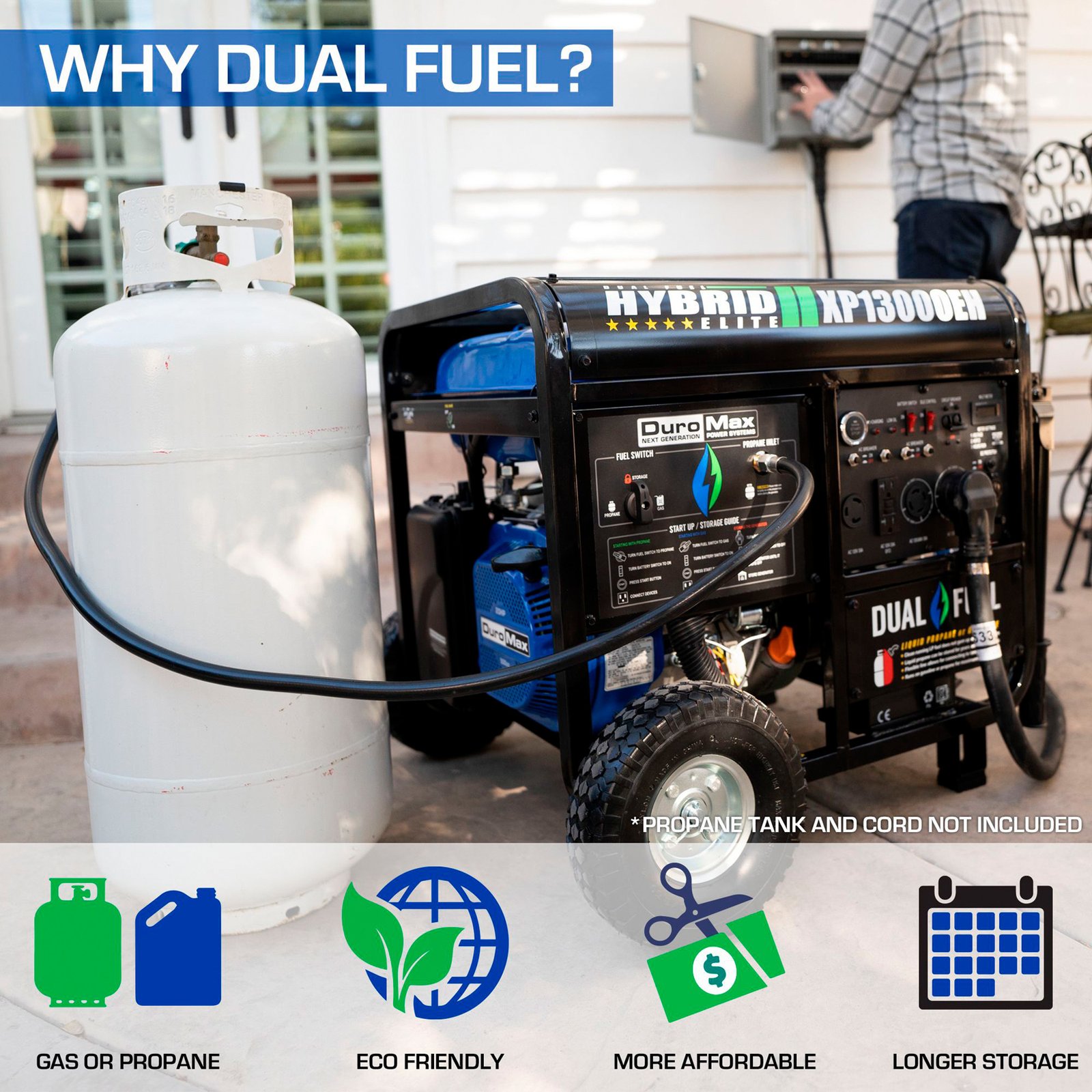 duromax portable dual fuel generator, 13,000 surge watts, 10,500 rated watts, electric start, carb compliant, model# xp13000eh