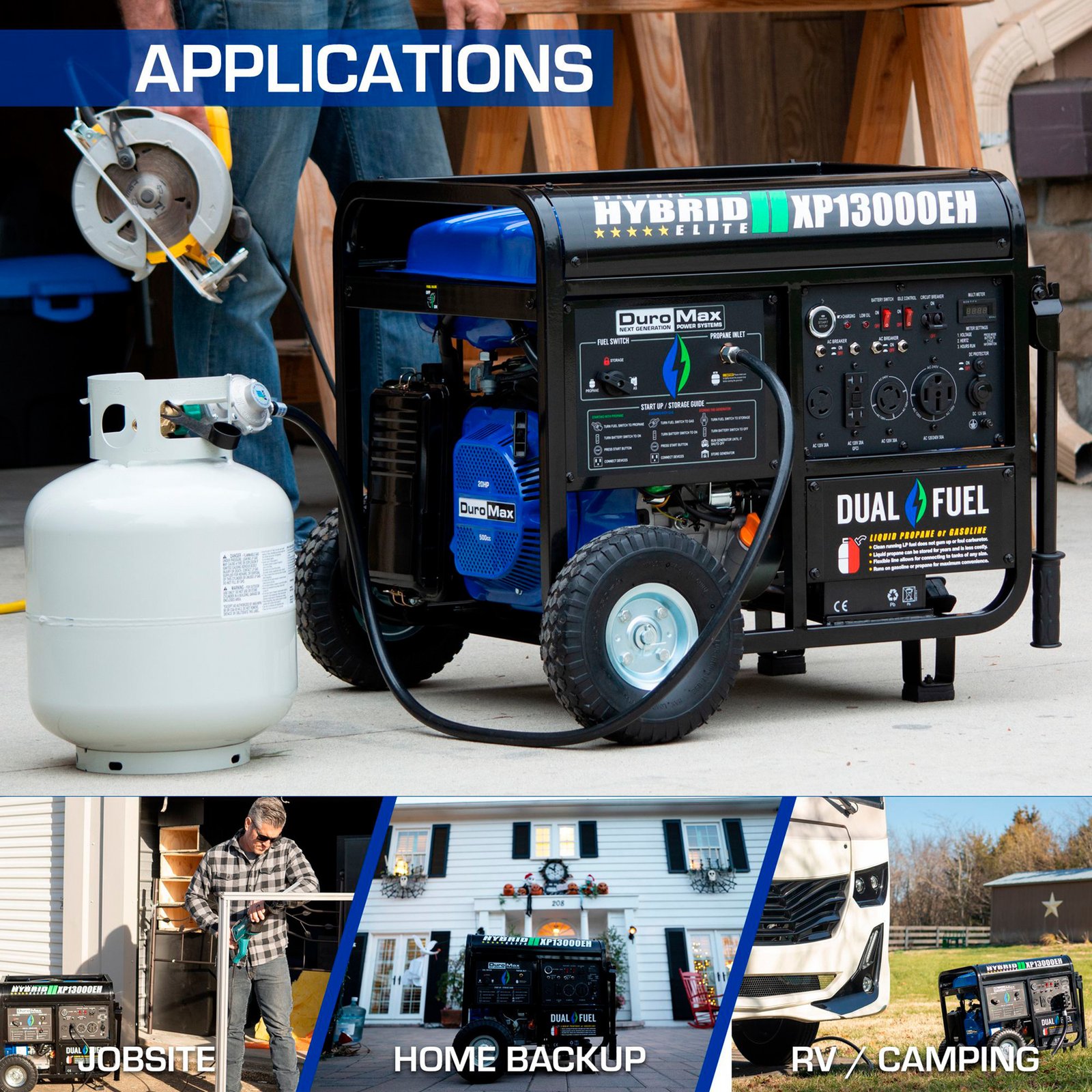 duromax portable dual fuel generator, 13,000 surge watts, 10,500 rated watts, electric start, carb compliant, model# xp13000eh