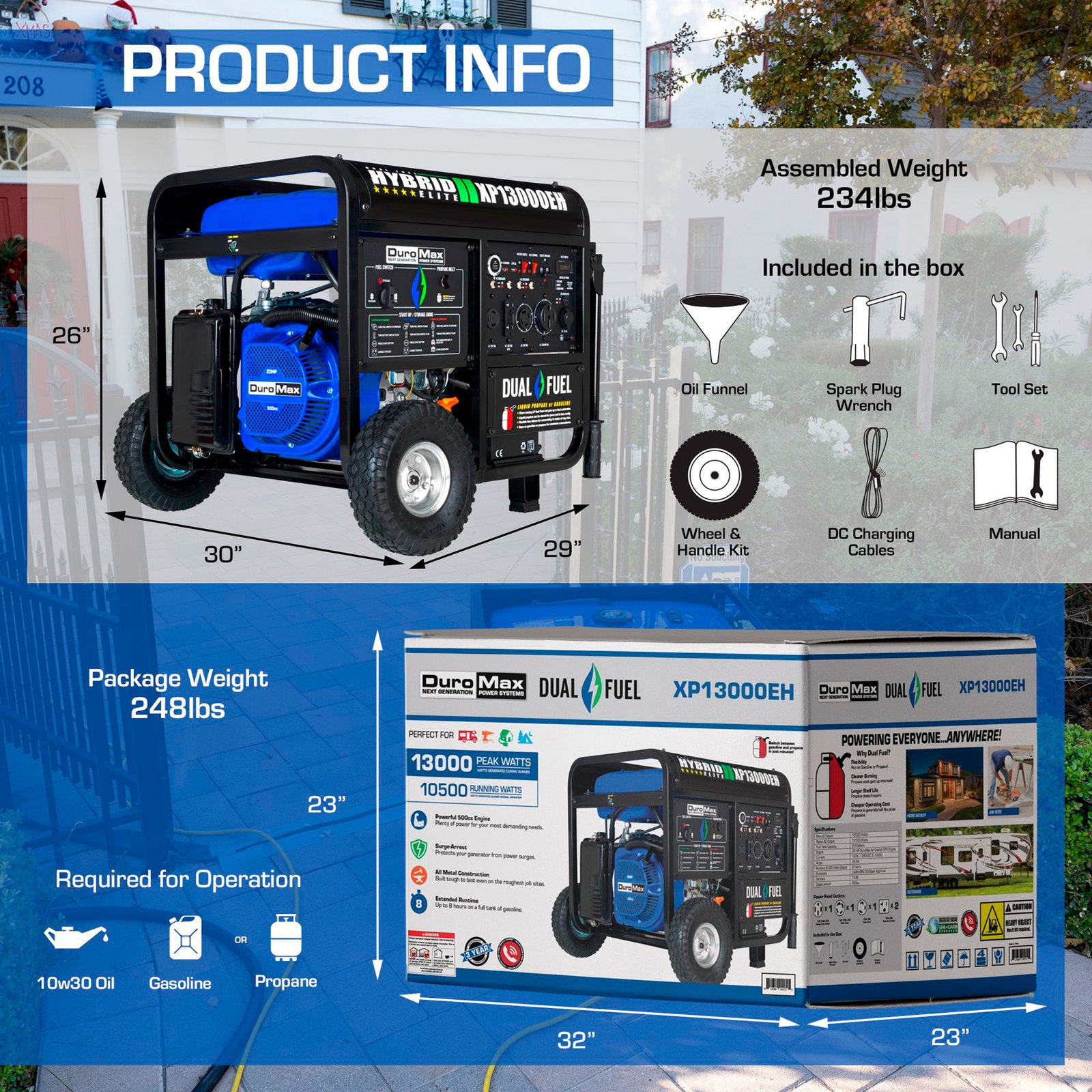 duromax portable dual fuel generator, 13,000 surge watts, 10,500 rated watts, electric start, carb compliant, model# xp13000eh